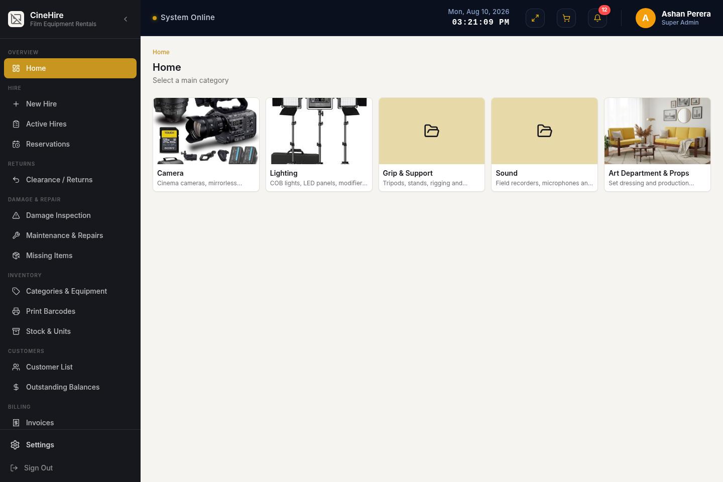 CineHire Storefront Equipment Browsing