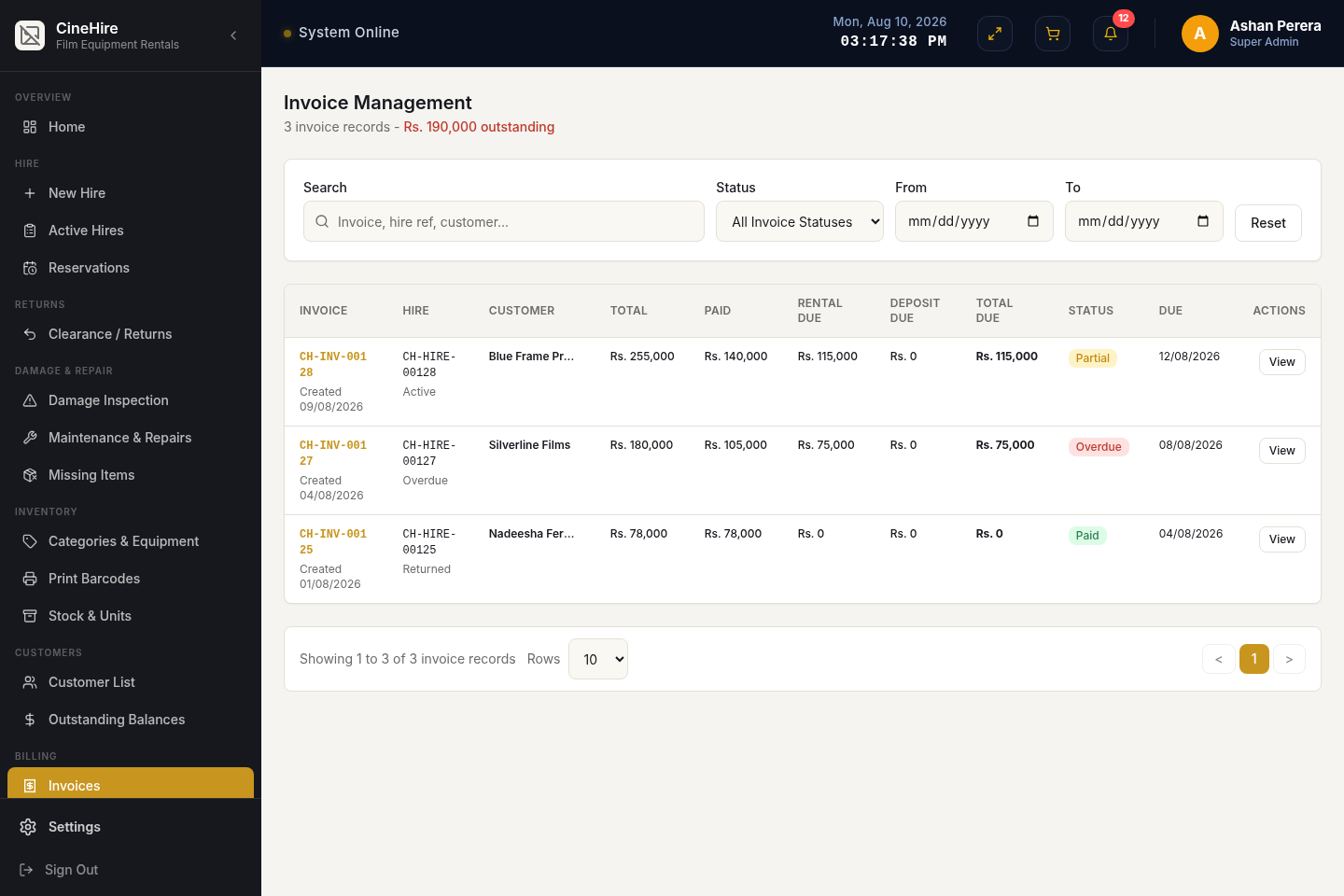 Hire Invoices Management