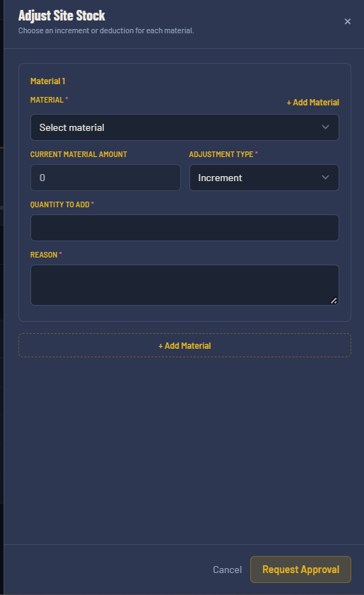 Site Inventory and Stock Adjustment Panel