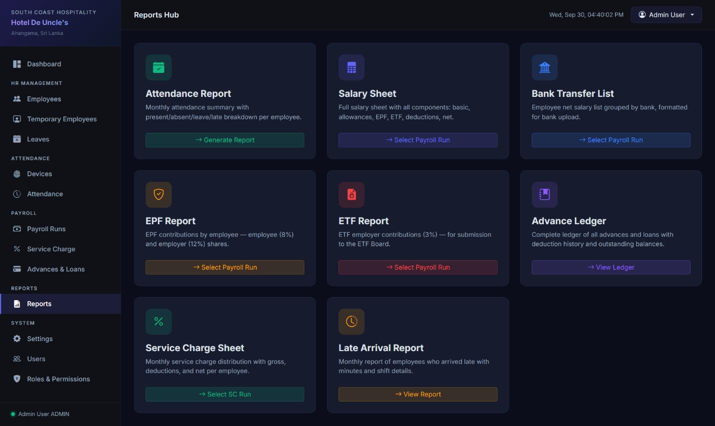 HR Reports Hub Dashboard for Payroll and Statutory Exports