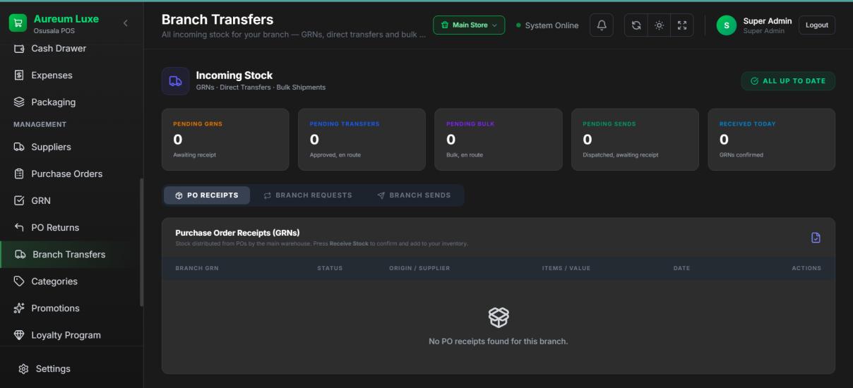 Incoming Stock Inbox Consolidating Branch Transfers and Deliveries