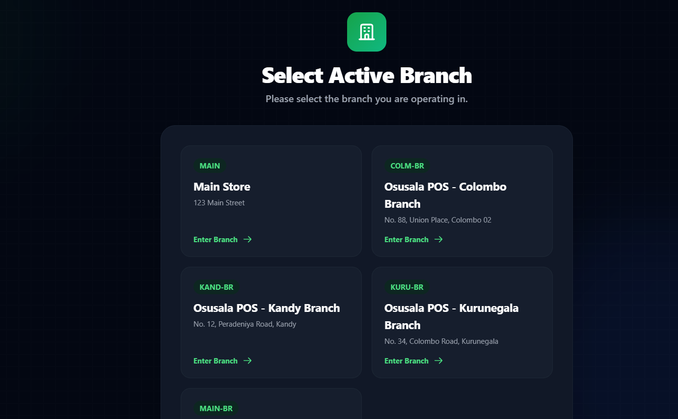 Active Branch Selection Screen - Main Store, Colombo, Kandy, Kurunegala