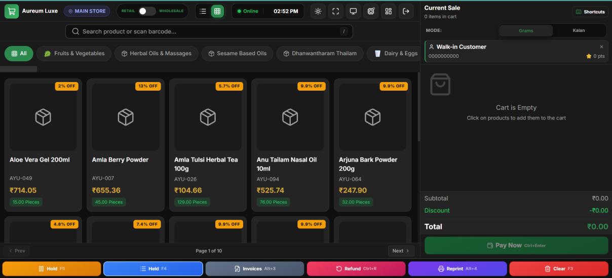 Retail Mode Checkout Screen with Product Grid and Current Sale Cart