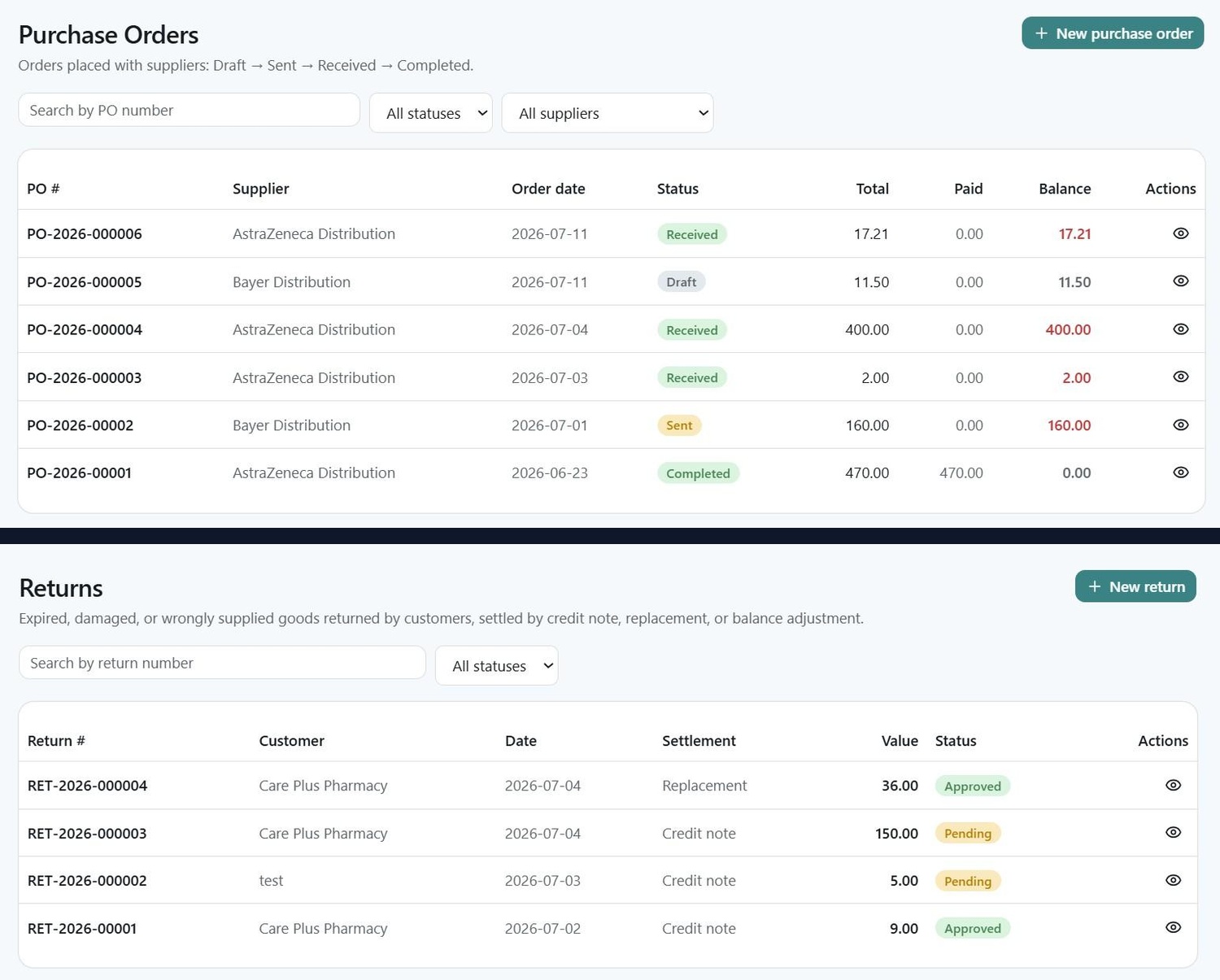 Supplier GRN Procurement & Batch Returns