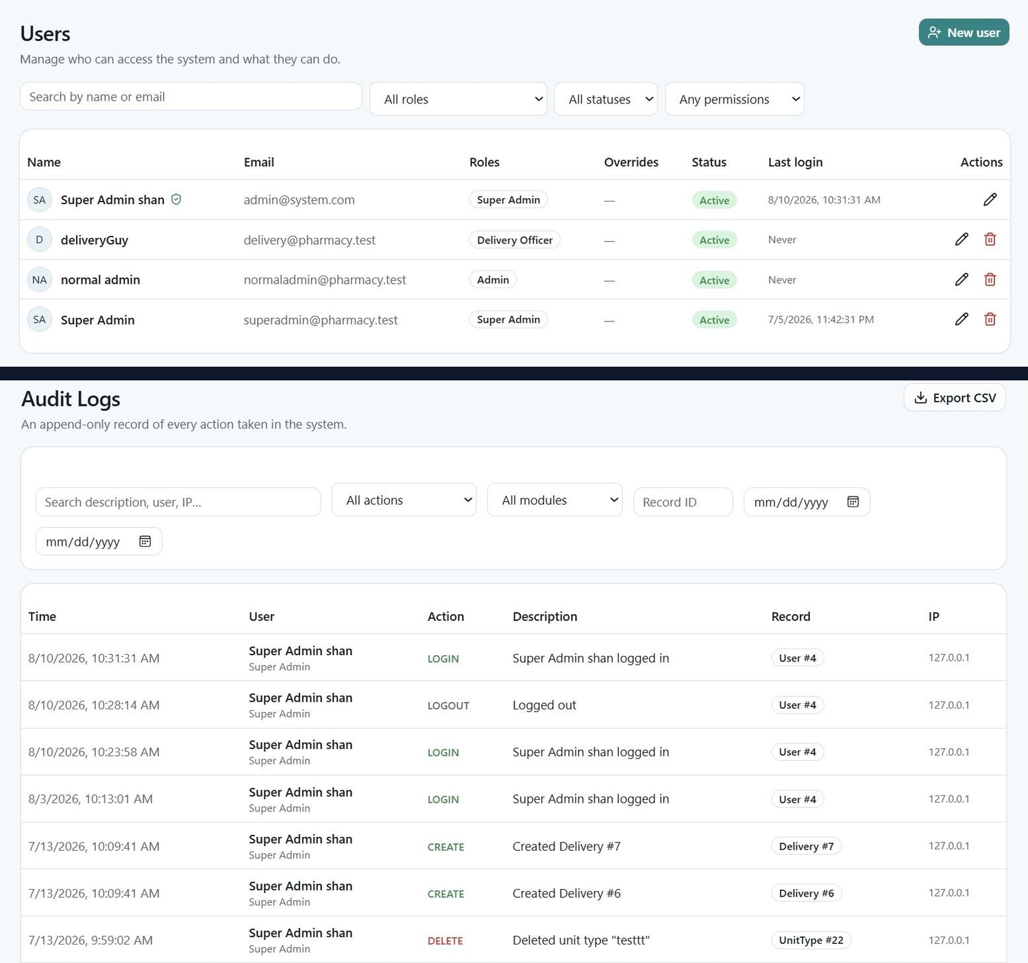 Role Security Matrix & Timestamped Audit Trail
