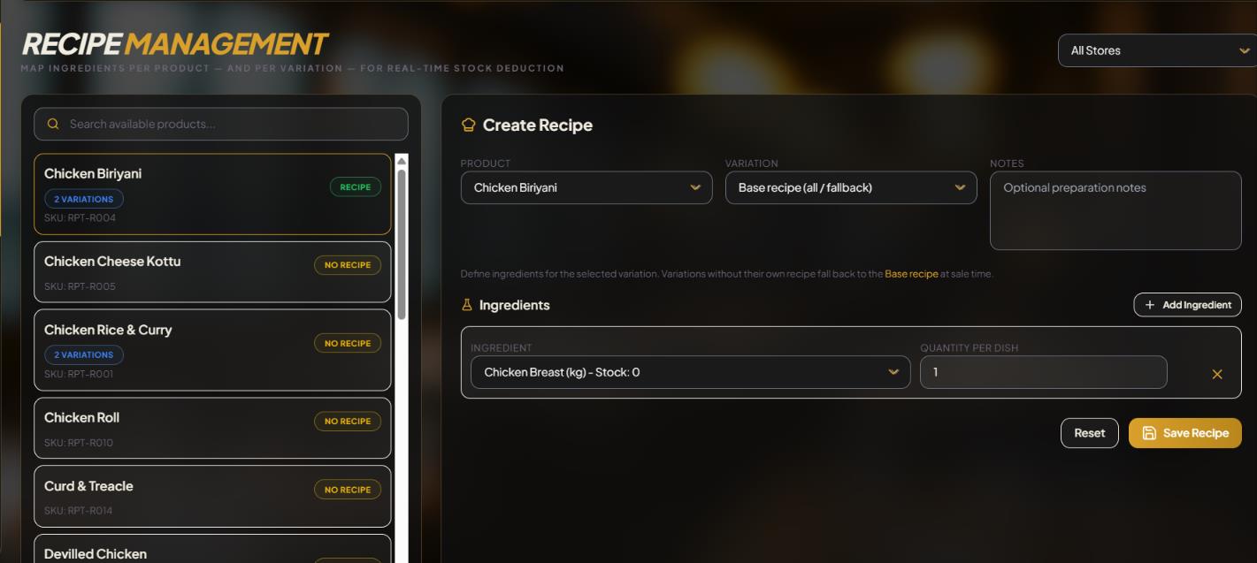 Recipe Management & Ingredient Stock Deduction