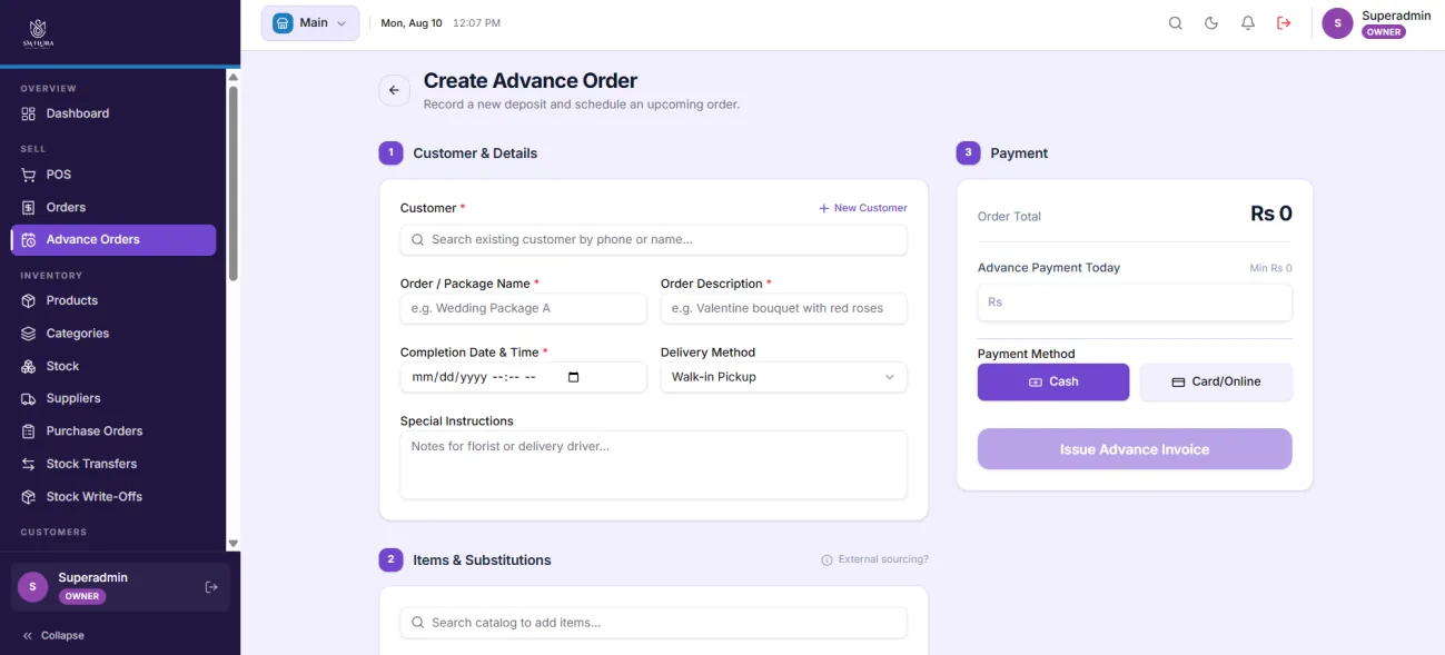 Create advance order screen with customer details, items and payment