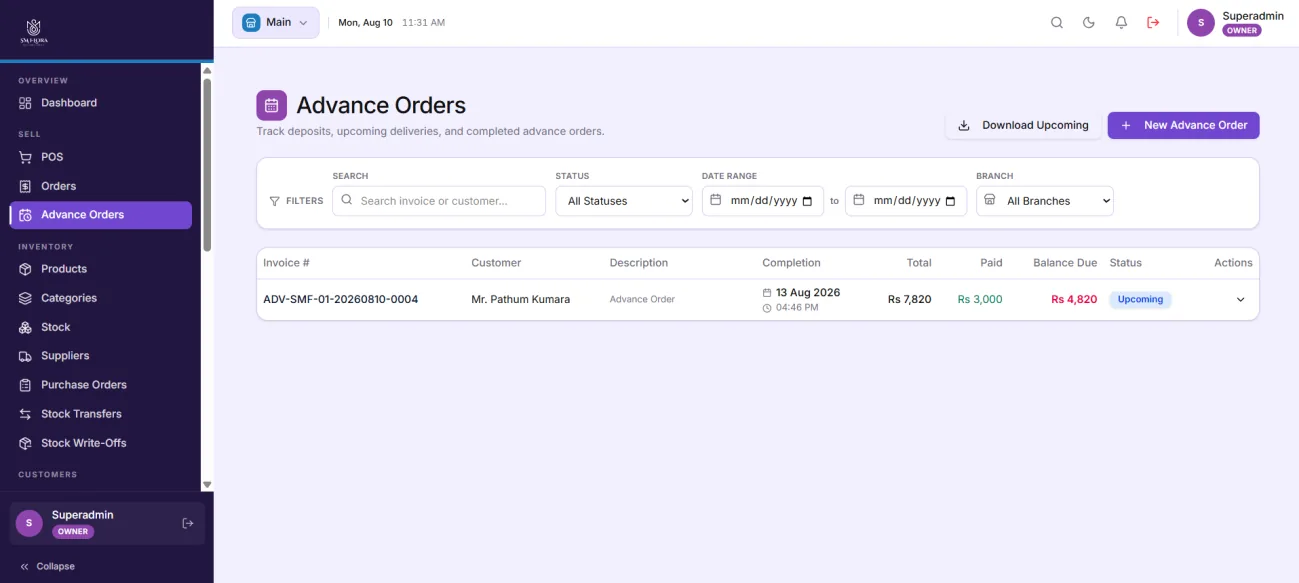 Advance orders dashboard tracking deposits and upcoming deliveries