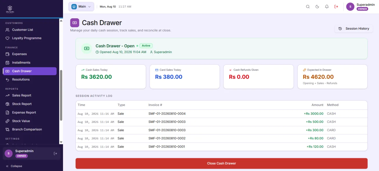 Cash drawer session module with sales summary and activity log