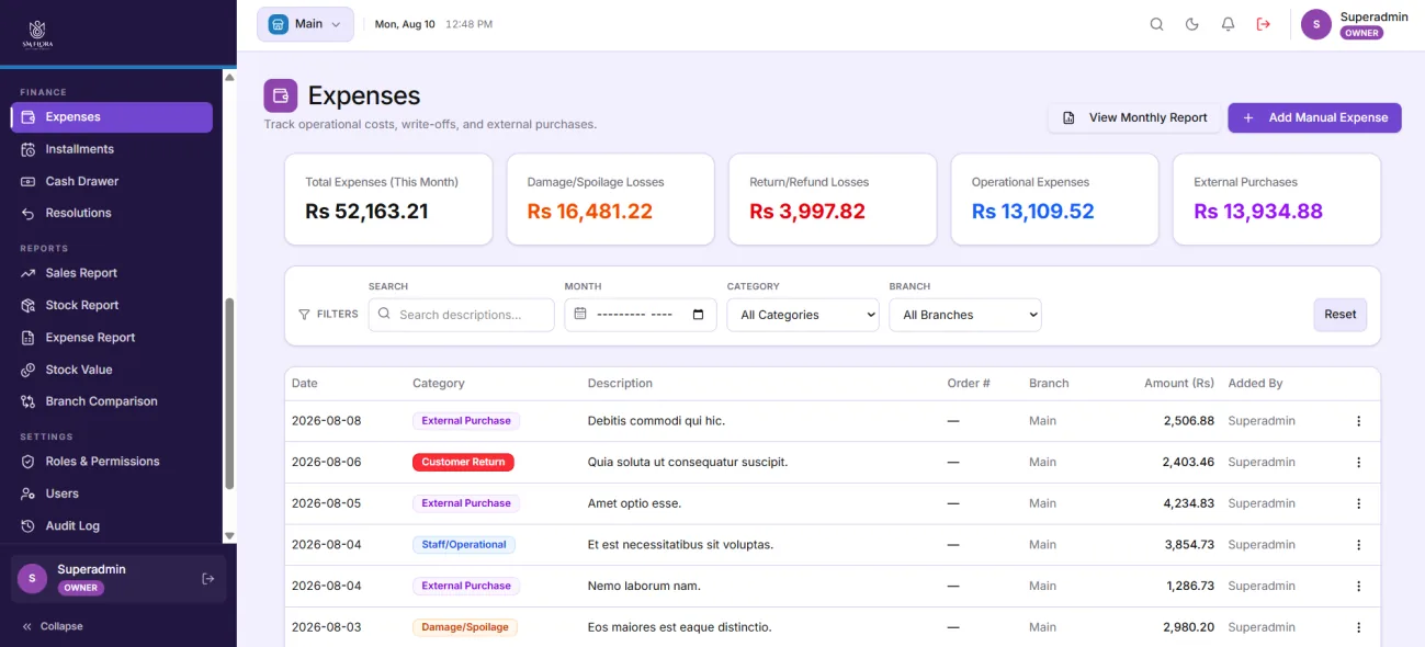 Expenses screen tracking operational costs and losses by category