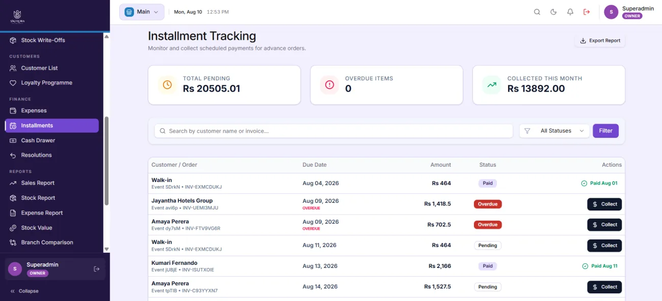 Installment tracking screen for advance order payments