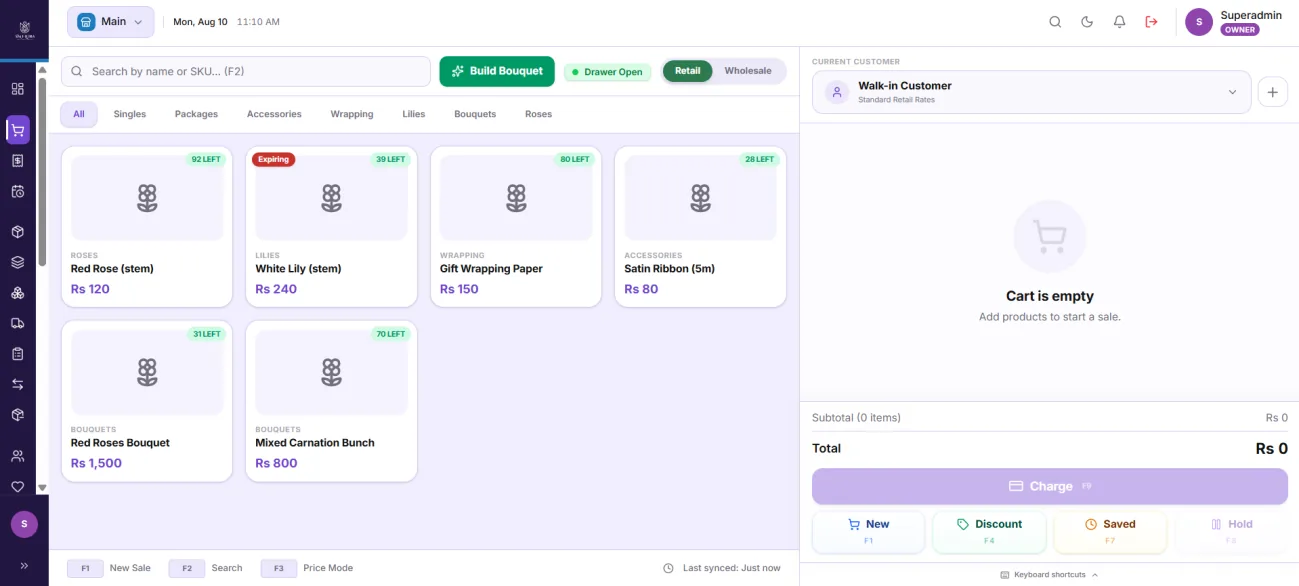 POS checkout screen with searchable catalog, category filters and custom bundle builder