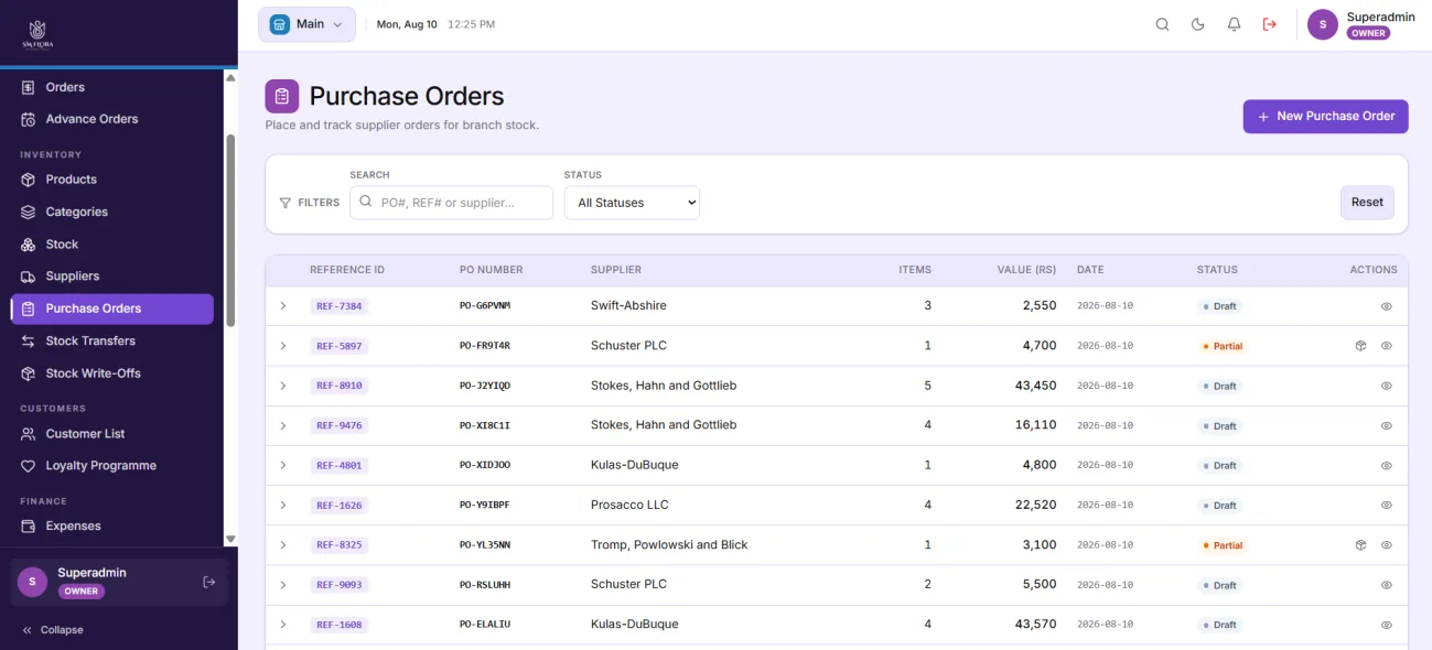 Purchase orders screen tracking supplier orders and statuses