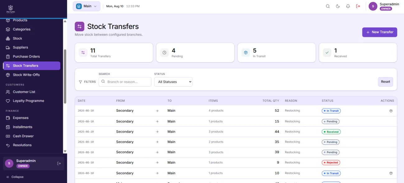 Stock transfers screen moving inventory between branches
