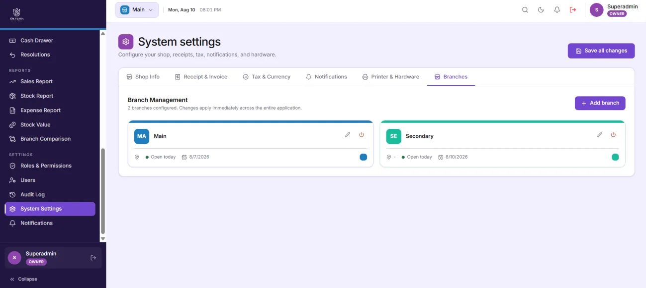System settings screen for branch management, receipts, tax and printer setup