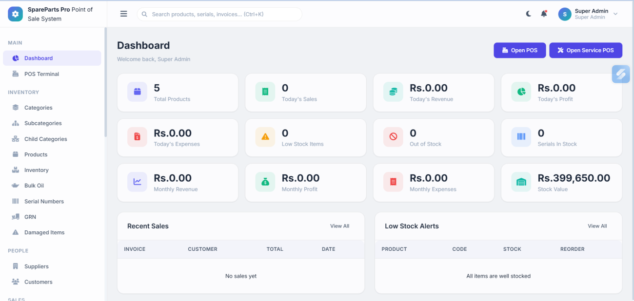 PrimeMotors Spare Parts POS Dashboard Overview